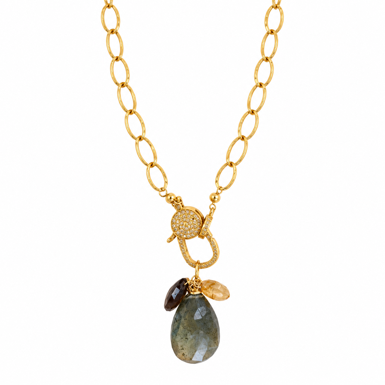 Coastal Cluster Talisman, an 18 inch gold link chain with a pavé Diamond clasp and a cluster of Aquamarine, Citrine and Smoky Quartz