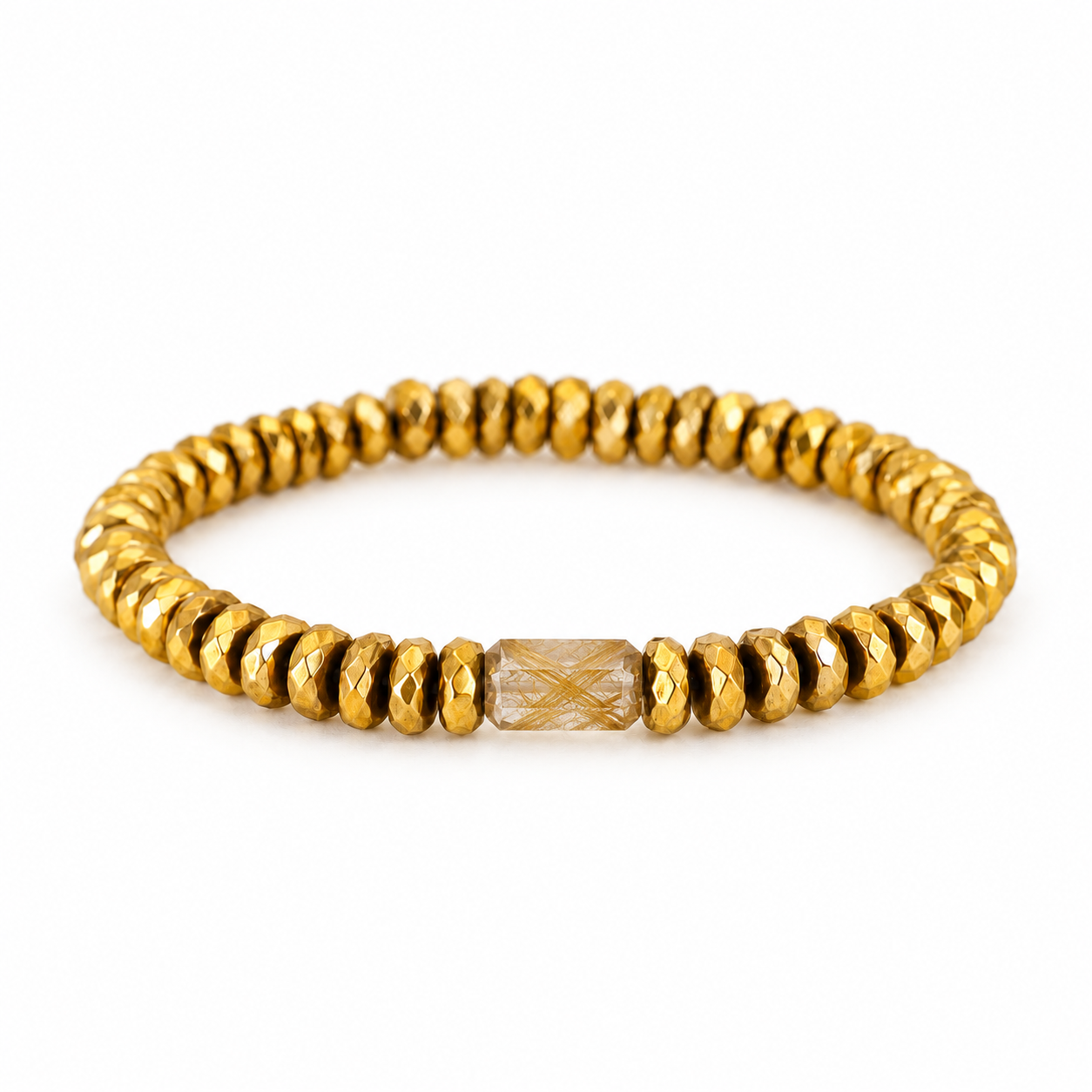 Captured Sun Bracelet, faceted gold-dipped Hematite with a single elongated Rutilated Quartz showing golden rutile needles