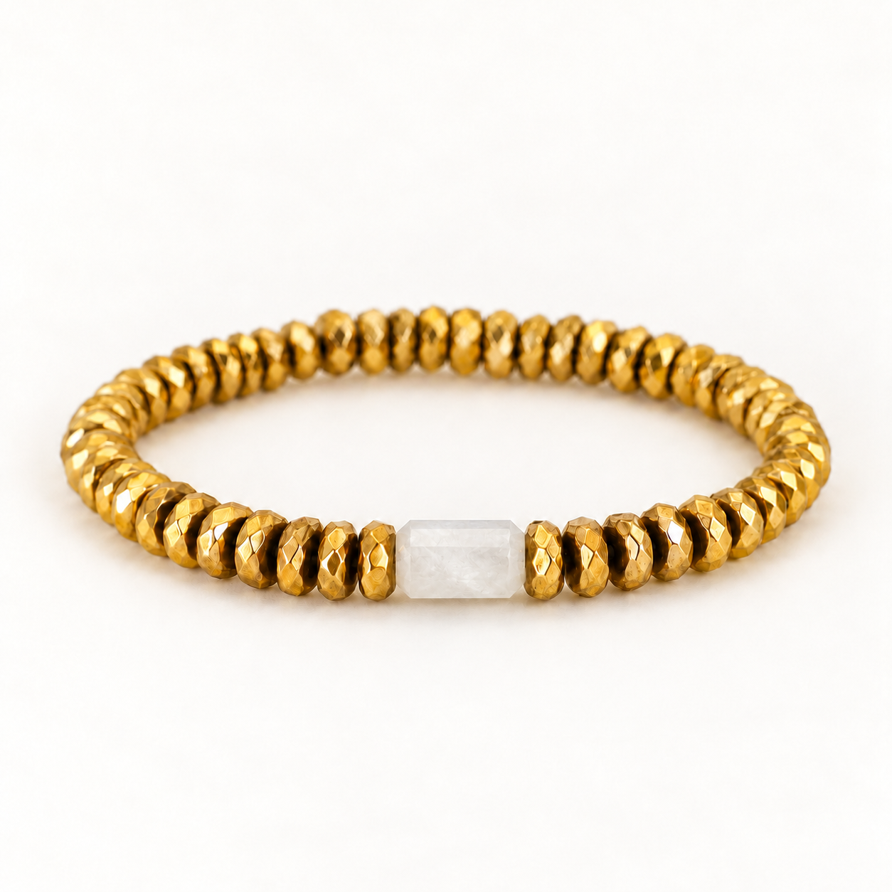Gilded Light Bracelet, faceted gold-dipped Hematite with a single elongated White Moonstone