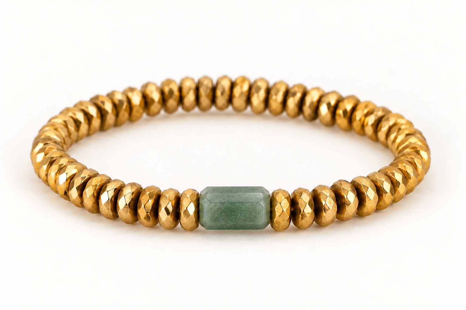 Faceted gold-dipped Hematite bracelet with a single elongated Green Aventurine